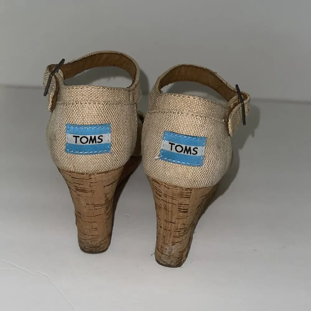 TOMS Sienna Burlap Ankle Strap Cork Wedge Sandals size 6.5